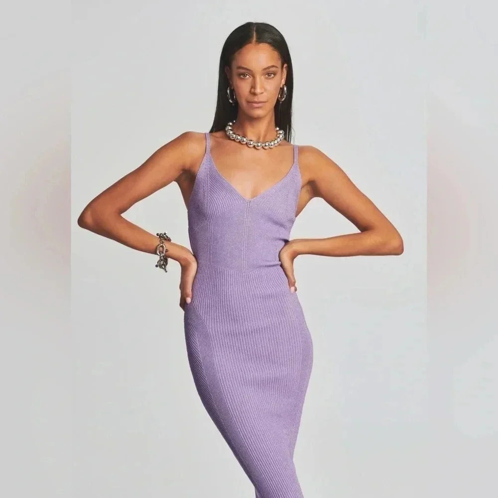 Retrofete Amster Rib Knit Midi Dress Metallic Lilac Size L B262 - Picture 2 of 7